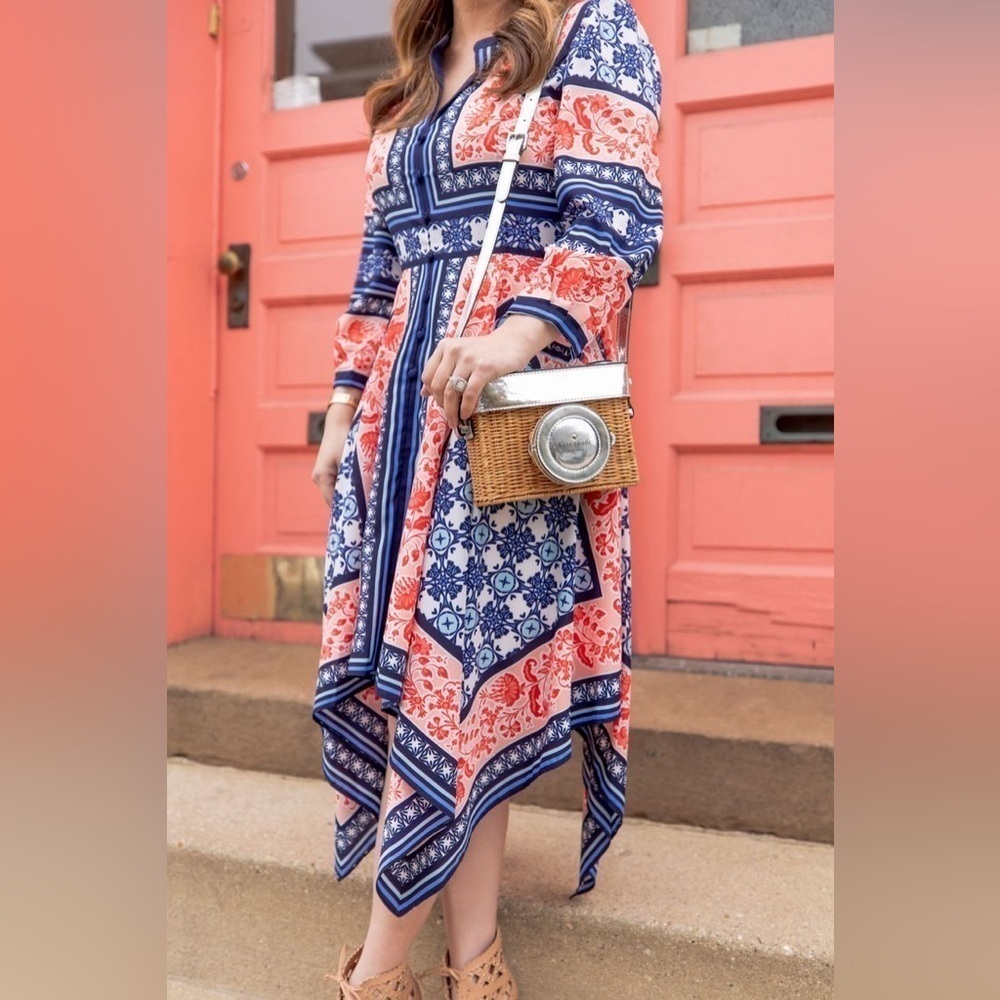 ELIZA J Women’s Bandana Print Handkerchief Dress Navy Orange Boho Coastal Size 6 - Picture 3 of 12